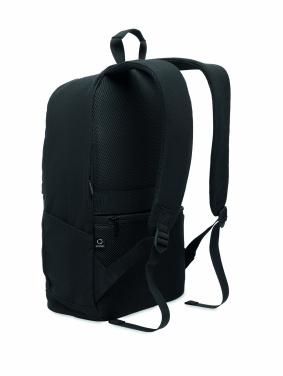 Logotrade Werbegeschenke das Foto: Ein 15-Zoll-Laptop-Rucksack aus recycelter Baumwolle (Pre-Consumer) und recyceltem Polyester mit individuell anpassbarem Druck