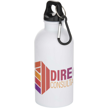 Logotrade Geschäftsgeschenke das Foto: Oregon 400 ml RSC-zertifizierte einwandige Sublimation Trinkflasche aus recyceltem Edelstahl mit Karabinerhaken