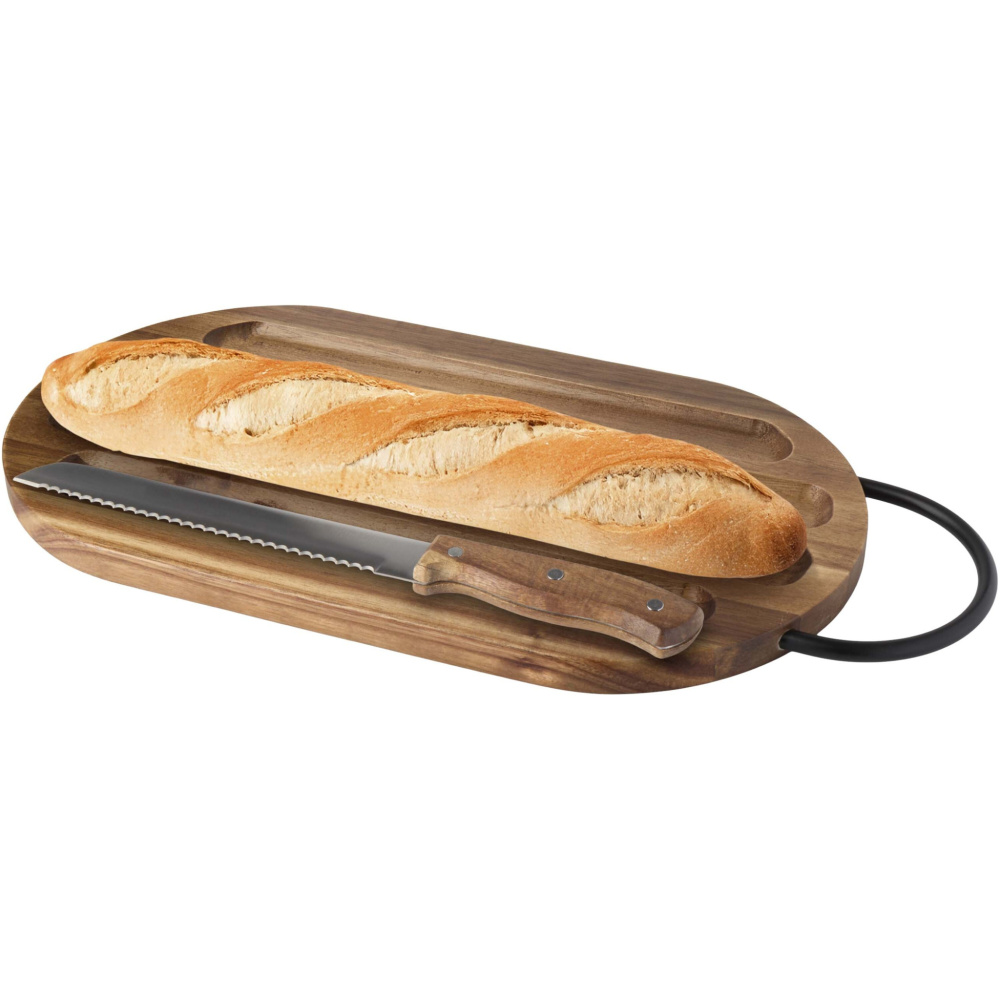 Logotrade Werbeartikel das Foto: Prestige Akazienholz Schneidebrett mit Brotmesser