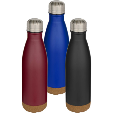 Logotrade Werbeartikel das Foto: Cove 500 ml doppelwandige, vakuumisolierte Trinkflasche aus Edelstahl mit Korkdetails
