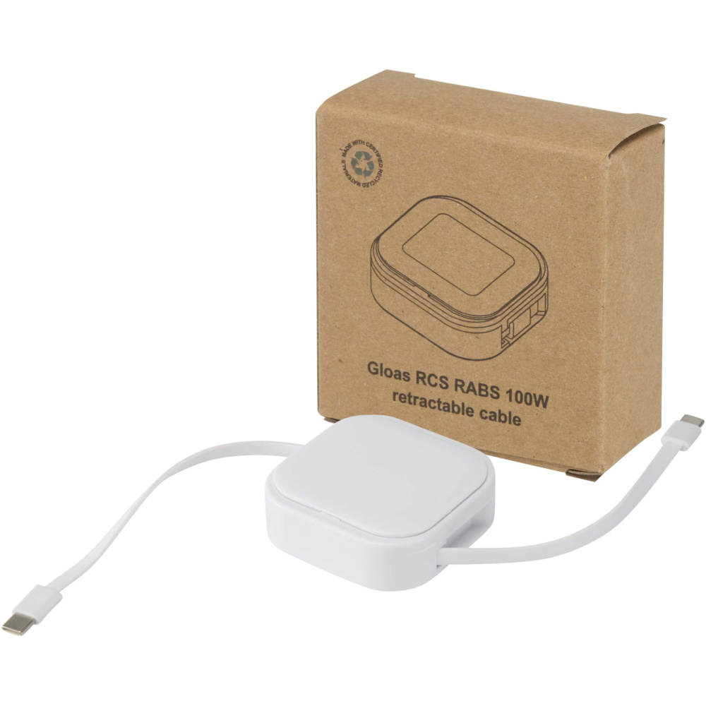 Logotrade Logogeschenke das Foto: Gloas Aufrollbares 5 in 1 Kabel aus Recyclingmaterial mit Datensynchronisierung und 100 W Schnellladefunktion sowie Smartphone Toolkit