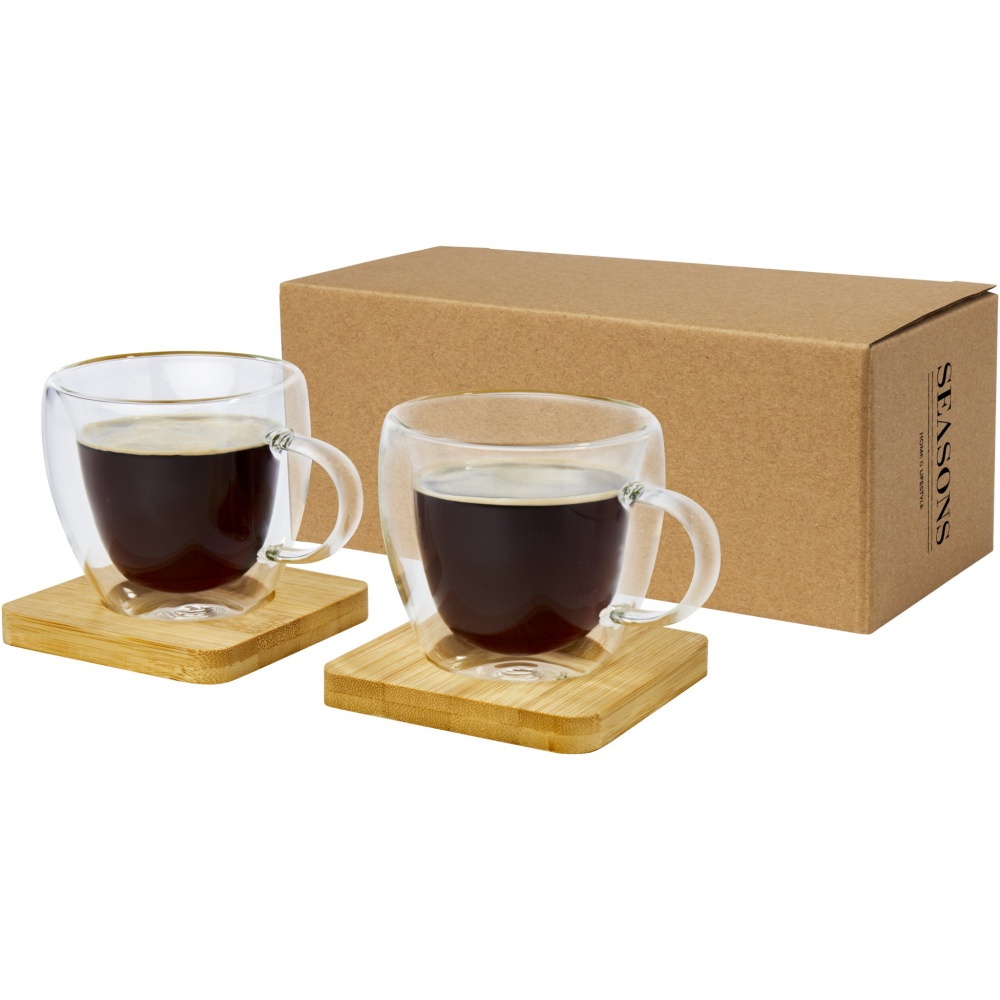 Logo trade advertising products picture of: Manti 2-piece 100 ml double-wall glass cup with bamboo coaster 