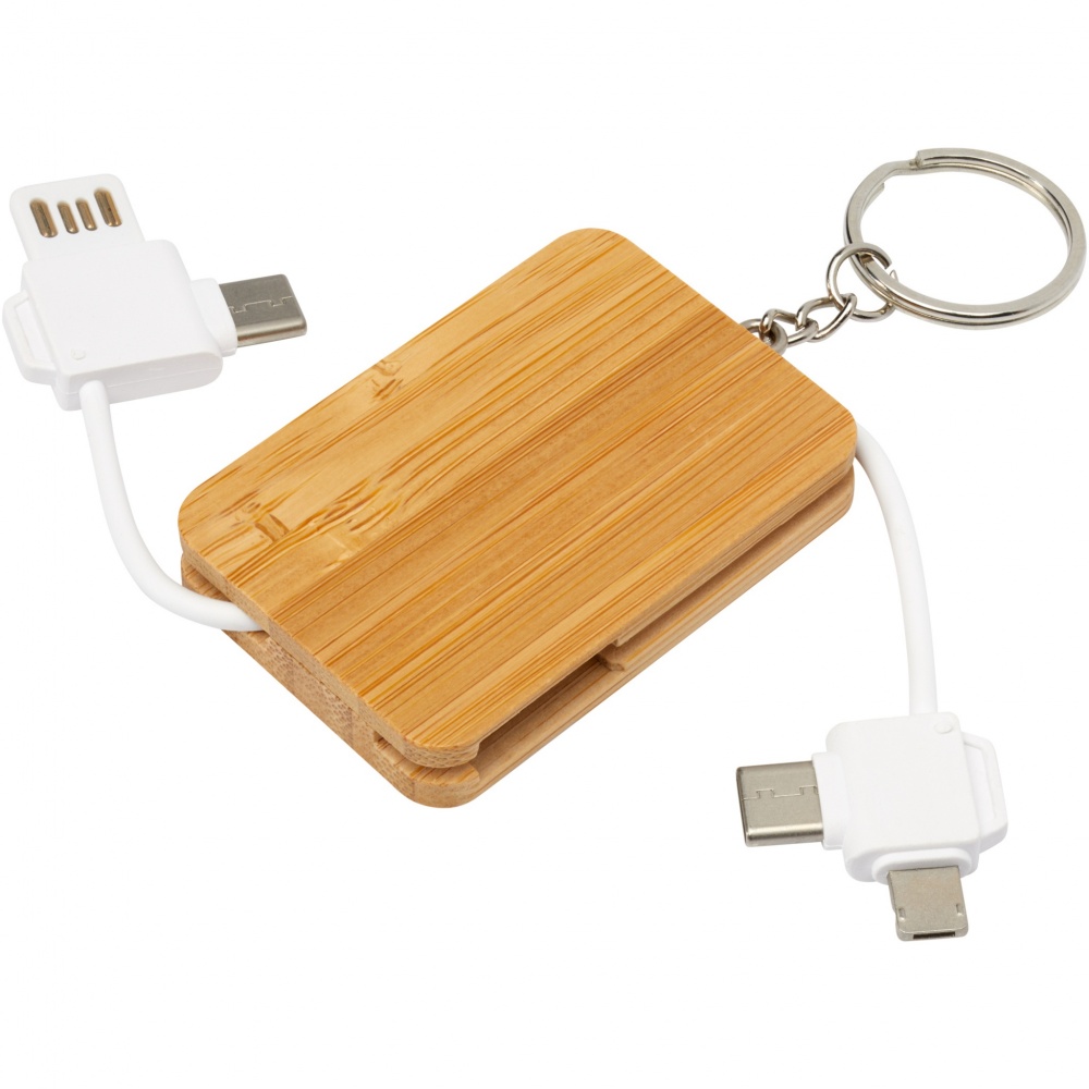 Logo trade promotional gifts image of: Reel 6-in-1 retractable bamboo key ring charging cable