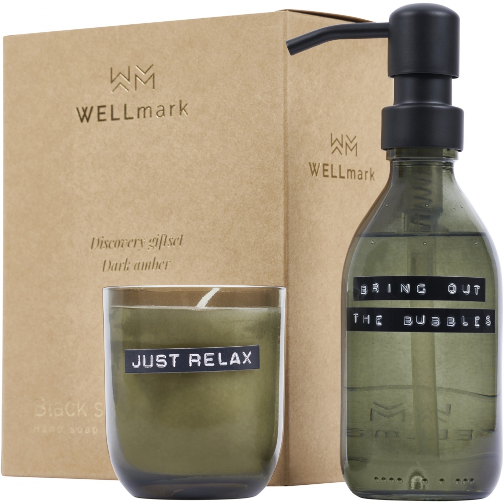 Logo trade corporate gift photo of: Wellmark Discovery 200 ml hand soap dispenser and 150 g scented candle set - dark amber fragrance