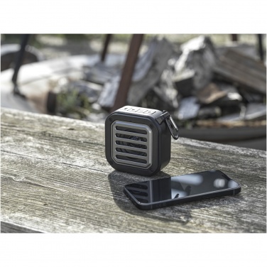 Logotrade promotional item picture of: Solo 3W IPX5 RCS recycled plastic solar Bluetooth® speaker with carabiner 