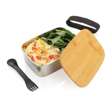 Logo trade promotional items image of: Stainless steel lunchbox with bamboo lid and spork