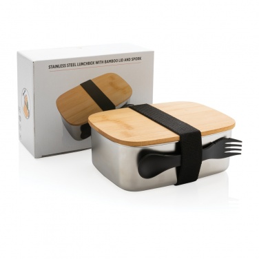 Logo trade promotional merchandise image of: Stainless steel lunchbox with bamboo lid and spork