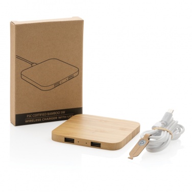 Logo trade corporate gift photo of: Bamboo 5W wireless charger with USB