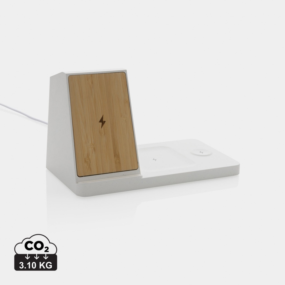 Logo trade promotional gift photo of: Ontario recycled plastic & bamboo 3-in-1 wireless charger