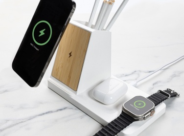 Logo trade business gift photo of: Ontario recycled plastic & bamboo 3-in-1 wireless charger