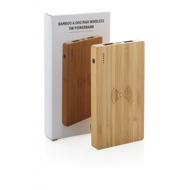 Logo trade promotional giveaways image of: Bamboo 4.000 mAh wireless 5W Powerbank