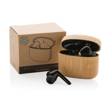 Logotrade promotional item image of: Bamboo TWS earbuds with RCS recycled plastic