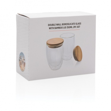 Logo trade promotional gifts picture of: Double wall borosilicate glass with bamboo lid 350ml 2pc set