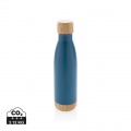 Vacuum stainless steel bottle with bamboo lid and bottom, blue