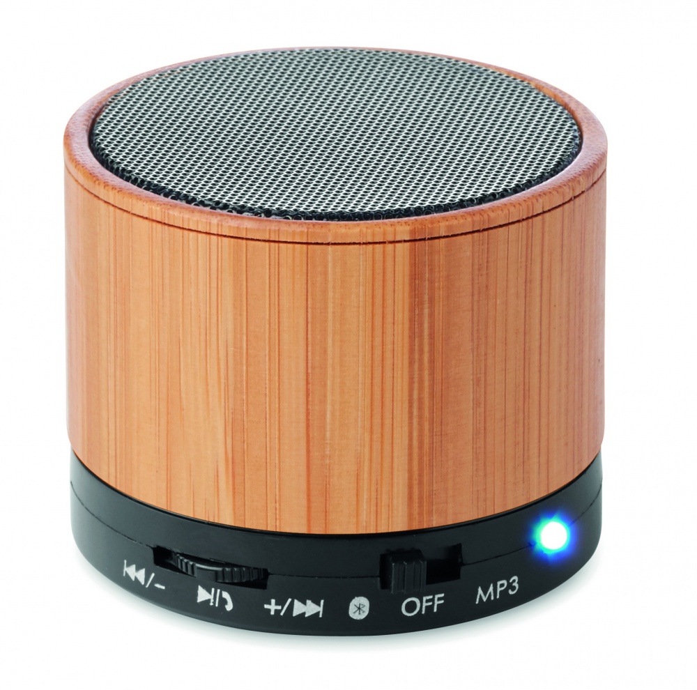 Logo trade promotional merchandise picture of: Round Bamboo wireless speaker