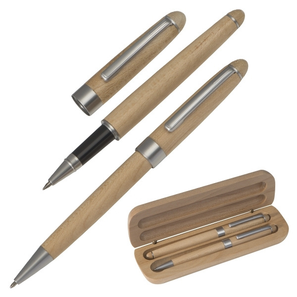 Logotrade corporate gift picture of: Wooden writing set ballpen and roller INDIANAPOLIS