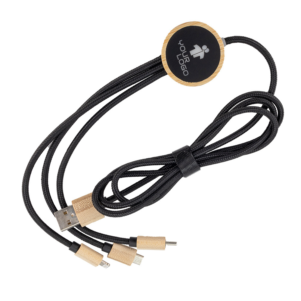 Logo trade promotional products picture of: 3-in-1 cable with elighted logo in a wooden casing, LH-ZMU06