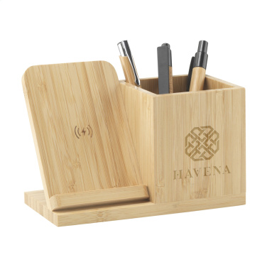 Logo trade promotional products image of: Bamboo Boss 15W charger/pen holder