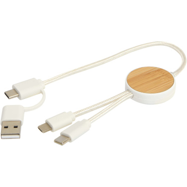 Logo trade promotional giveaways picture of: Chechia 5-in-1 recycled plastic 30 cm data sync and 27W fast charge cable with bamboo details