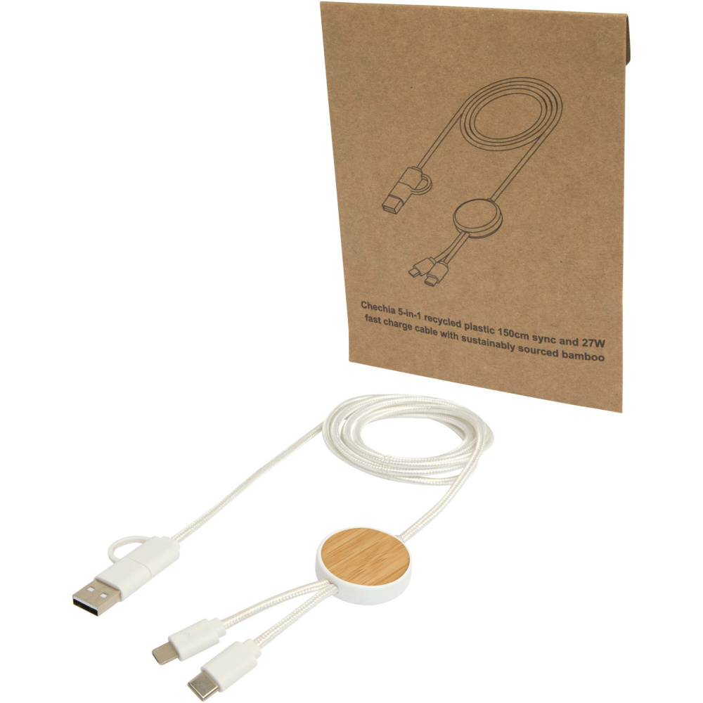 Logo trade promotional gifts picture of: Chechia 5-in-1 recycled plastic 150 cm data sync and 27W fast charge cable with bamboo details