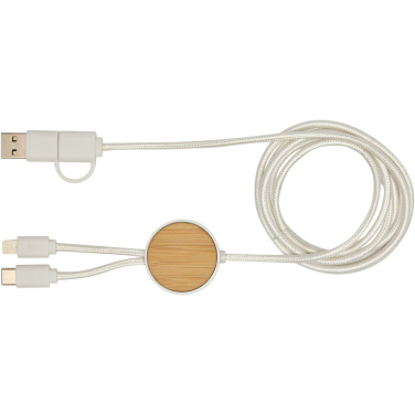 Logo trade promotional giveaways image of: Chechia 5-in-1 recycled plastic 150 cm data sync and 27W fast charge cable with bamboo details