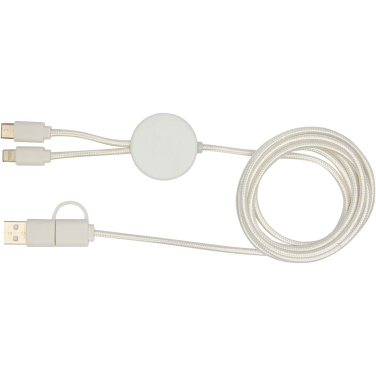 Logo trade promotional gifts image of: Chechia 5-in-1 recycled plastic 150 cm data sync and 27W fast charge cable with bamboo details