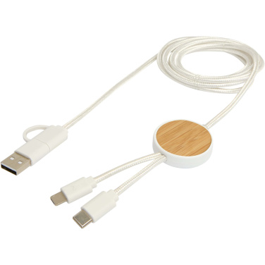 Logotrade promotional gift image of: Chechia 5-in-1 recycled plastic 150 cm data sync and 27W fast charge cable with bamboo details