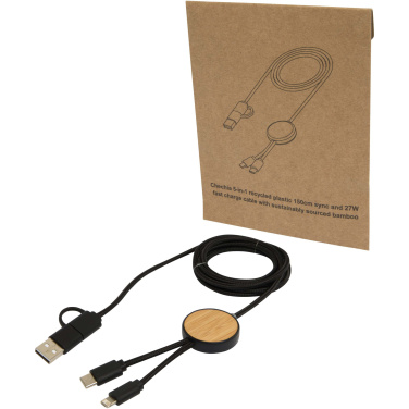 Logotrade promotional items photo of: Chechia 5-in-1 recycled plastic 150 cm data sync and 27W fast charge cable with bamboo details