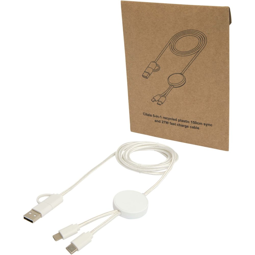 Logo trade promotional gifts image of: Citala 5-in-1 recycled plastic 150 cm data sync and 27W fast charge cable