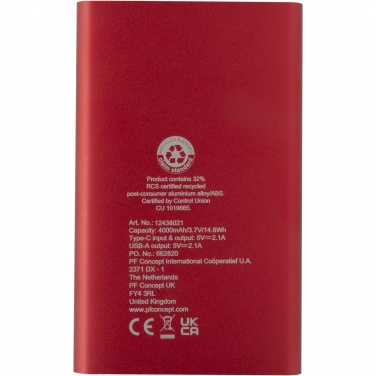 Logotrade ärikingi foto: Pep 4000 mAh Type-C taaskasutatud alumiiniumist akupank 