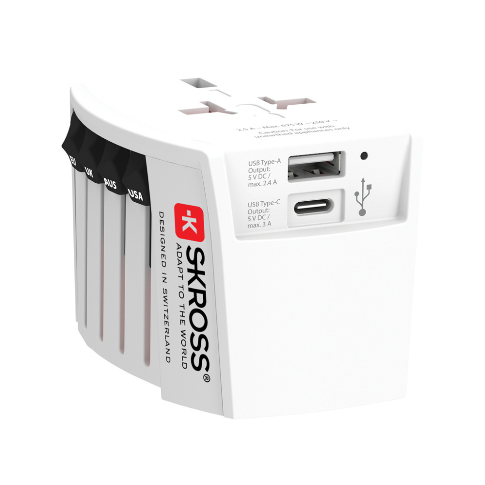 Logo trade reklaamkingituse pilt: SKROSS World Travel Adapter MUV 2-pooluseline USB A ja C-ga