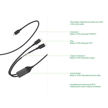 Logo trade liikelahjat tuotekuva: Terra 100 W RCS -kaapeli, kaksi USB-C-liitäntää