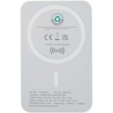 Logotrade dāvanas foto: Acrab 10.000 mAh 15W magnētiskā bezvadu pārnēsājamā uzlādes ierīce ar 20W PD - izgatavota no pārstrādātas plastmasas