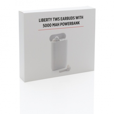 Logotrade reklamprodukter bild: Liberty TWS öronsnäckor med 5.000 mAh powerbank