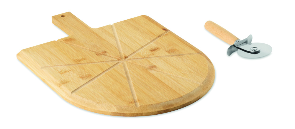 Logotrade kampanjprodukter bild: Pizzabräda och skärare i bambu